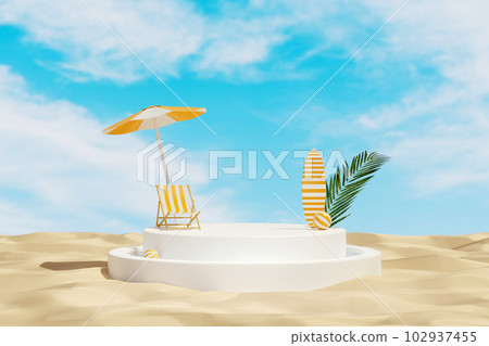 Abstract minimal scene with white round podium placed on beach sand texture, decorated with a chair under an umbrella, surfboard, ball and plant. 3D rendering blue sky background 102937455
