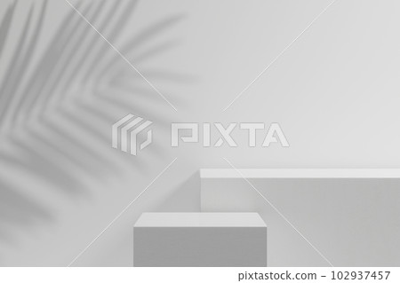 Abstract white 3D room with realistic white rectangle podium with empty space. Tropical leaf shadow in the left side. Stage showcase on minimal pedestal display Abstract white 3D room with realistic white rectangle podium with empty space. Tropical leaf shadow in the left side. Stage showcase on minimal pedestal display 102937457