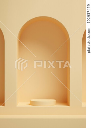 Background vector 3d rendering with podium inside a door frame. stand to show cosmetic product on podium 3d. Stage showcase on pedestal display beige background Background vector 3d rendering with podium inside a door frame. stand to show cosmetic product on podium 3d. Stage showcase on pedestal display beige background 102937459