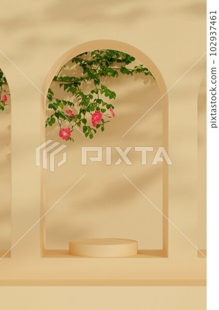 Vector 3D realistic empty round podium on beige background, decorated with flowers and green leaves. Empty pedestal for cosmetic products, goods presentation. Vector 3D realistic empty round podium on beige background, decorated with flowers and green leaves. Empty pedestal for cosmetic products, goods presentation. 102937461