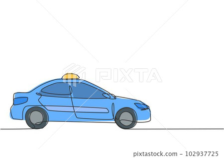 Single one line drawing of the newest modern taxi car uses a meter, GPS, and can be ordered online. Technological advances in transportation. Continuous line draw design graphic vector illustration. 102937725