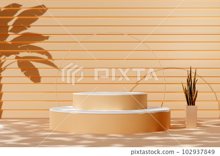 Abstract modern minimal background with empty podiums, a small pot of bonsai and shadow of banana leaves on the beige wall. Minimal composition, 3d illustration. Abstract modern minimal background with empty podiums, a small pot of bonsai and shadow of banana leaves on the beige wall. Minimal composition, 3d illustration. 102937849