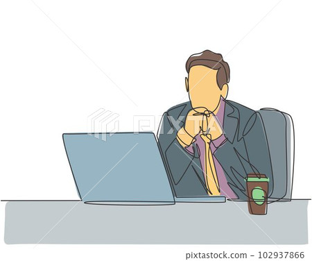 Single continuous line drawing of young male worker sitting and thinking seriously in front of computer screen at the office. Work focus concept one line graphic draw design vector illustration 102937866