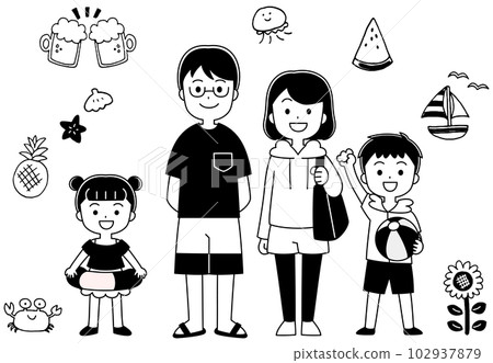 Illustration of a family in summer swimsuits line drawing Illustration of a family in summer swimsuits line drawing 102937879