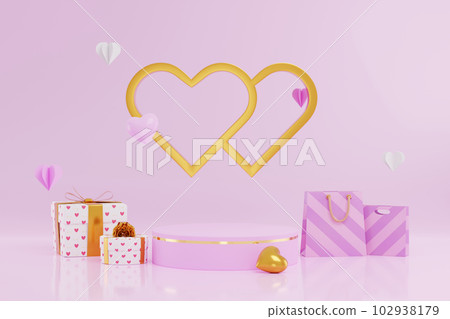 Abstract vector rendering 3D shape for products display on empty purple podium. Happy birthday concept with gifts and hearts. Cosmetic product presentation 102938179