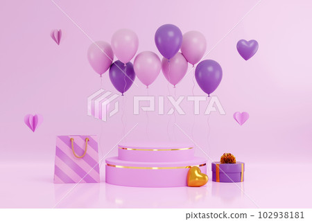 3d illustration, happy valentines day and stage podium decorated with hearts, gift boxes and flying balloons of purple color. Vector 3d rendering 102938181