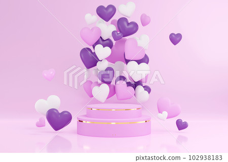 3D background for beauty products or goods display on podium with platform. 3d rendering geometric shape. Birthday concept with heart shape balloons in purple 102938183