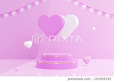 3d background products display podium scene with geometric platform, flying hearts with triangle bunting flags decorated. The main tone of purple suitable for Valentine concept 102938185