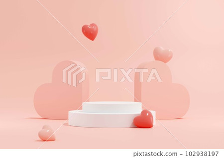 Abstract vector rendering 3d shape for products display presentation with white podium and pink hearts decorated. Happy valentine day concept. Abstract vector rendering 3d shape for products display presentation with white podium and pink hearts decorated. Happy valentine day concept. 102938197