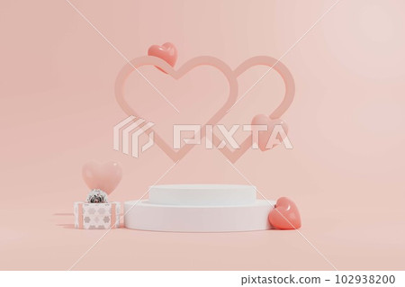 Empty round podium with pink hearts and gift box over pastel background to show cosmetic products. Minimal backdrop with stand for branding and presentation on Valentine's Day Empty round podium with pink hearts and gift box over pastel background to show cosmetic products. Minimal backdrop with stand for branding and presentation on Valentine's Day 102938200