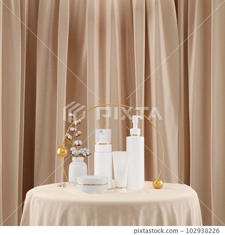 3d rendering of skin care beauty cosmetic product on color fabric background. White tube cream face, serum bottle, lotion and cream jar on beige table. Front view, copy space 102938226