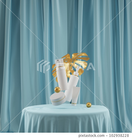 3D rendering - empty bottle model with no label for cosmetic product and yellow leaves on blue fabric background. Abstract background for branding and minimal presentation. Front view, copy space 102938228