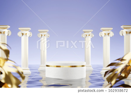Minimal scene with cylinder podium and abstract blue background, classic roman columns. Empty space for cosmetic product presentation, 3d rendering Minimal scene with cylinder podium and abstract blue background, classic roman columns. Empty space for cosmetic product presentation, 3d rendering 102938672