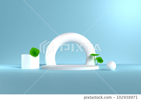 Front view of white geometric pedestal for cosmetic product and packaging mockups display presentation with 3d rendering and centella leaves on blue background. Abstract background, minimal style 102938971