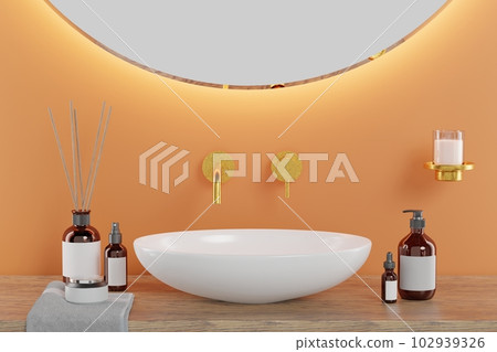 Bathroom furniture with accessories. A large round mirror, candle holder, wash basin, reed diffusers, a jar placed on gray towel and several bottles. 3D rendering 102939326