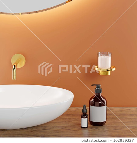 Modern bathroom interior with a mirror, candle holder and golden faucet hanging on the wall, displayed with a pump bottle, dropper bottle and wash basin. 3D illustration 102939327