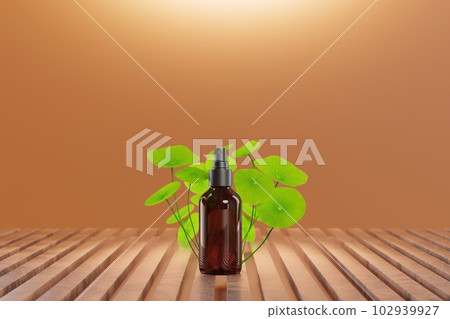Abstract vector rendering 3D unbranded transparent spray bottle decorated with Gotu kola leaves over brown background. Gotu kola (Centella asiatica) is a ingredient in cosmetics to treat acne 102939927
