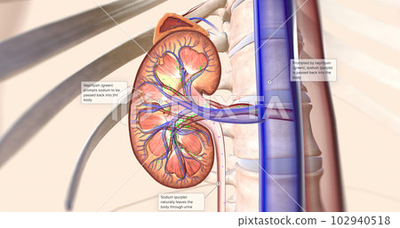The kidneys help your body by excreting excess sodium into the ureter, where it is flushed away with the urine. 102940518