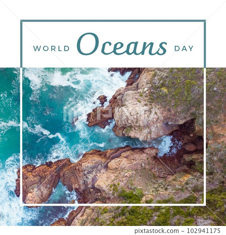 Composition of world oceans day text over ocean and rocky shore 102941175