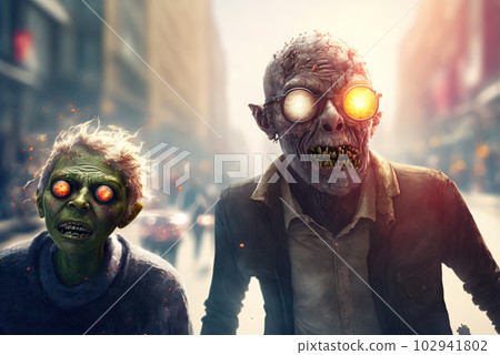 Funny zombie characters walking down the street. Monsters with shiny eyes, spooky and funny. Generated AI. 102941802