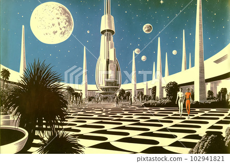 Retrofuturistic landscape in 80s sci-fi style. Retro science fiction scene with futuristic buildings. Generated AI. 102941821