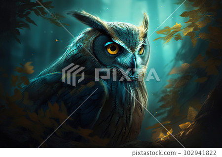 Wild owl in the forest. Colorful realistic style, wildlife element. Generated AI.. 102941822