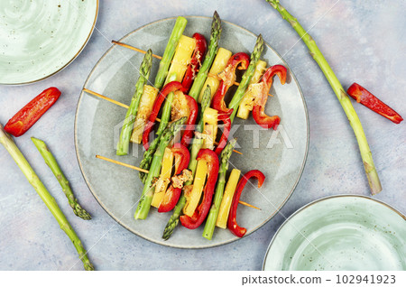 Vegetable colorful skewers on wooden skewers. Vegetable colorful skewers on wooden skewers. 102941923