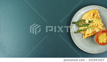 Omelet with greens, space for text Omelet with greens, space for text 102941937