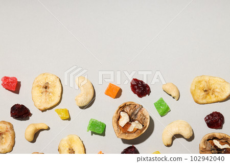 Tasty food concept - delicious dried fruits, space for text 102942040