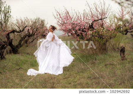 Woman peach blossom. Happy curly woman in white dress walking in the garden of blossoming peach trees in spring Woman peach blossom. Happy curly woman in white dress walking in the garden of blossoming peach trees in spring 102942692