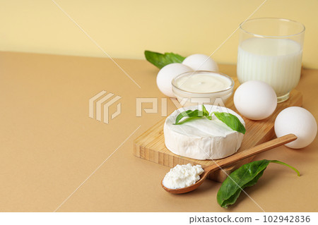 Concept of tasty food - different dairy products Concept of tasty food - different dairy products 102942836