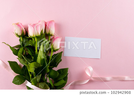 Image of pink tulips with ribbon and card with copy space on pink background 102942908