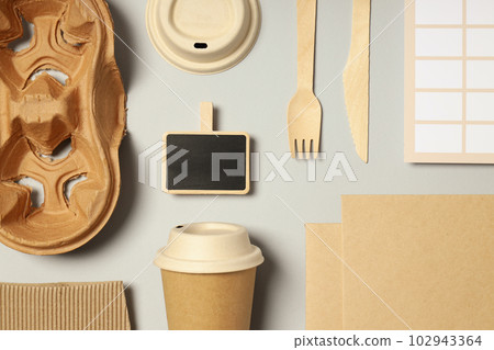 Mockup flat lay with craft accessories on light gray background 102943364