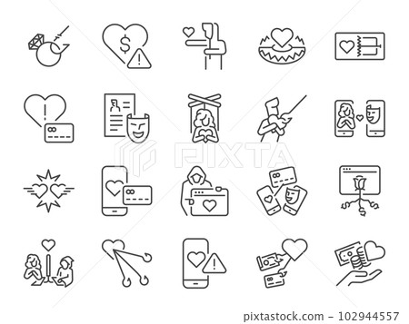 Romance scam icon set. It included phishing, fake, lie, fraud, romantic scam, and more icons. Editable Stroke. Romance scam icon set. It included phishing, fake, lie, fraud, romantic scam, and more icons. Editable Stroke. 102944557