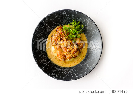 Chicken Yakiniku with asian sauce and potato cream isolated Chicken Yakiniku with asian sauce and potato cream isolated 102944591