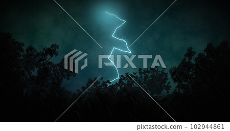 Image of lightning striking over trees and stormy clouded sky 102944861