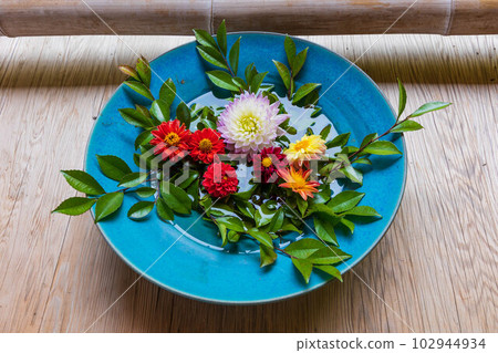 Summer in Kyoto Saga-Arashiyama Nison-in temple with lush greenery flower bowl 102944934