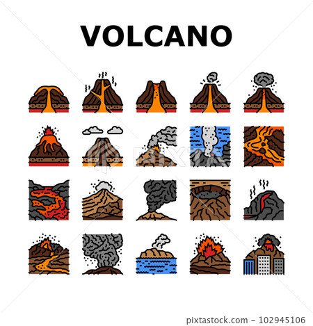 volcano lava eruption nature icons set vector volcano lava eruption nature icons set vector 102945106