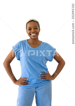 Portrait of african american woman wearing blue t-shirt with copy space on white background 102945192