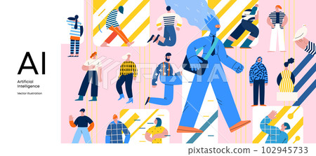 Artificial intelligence, AI and humanity -modern flat vector concept illustration of AI character walking among people in everyday life. Metaphor of AI advantage, benefit, friendliness concept 102945733