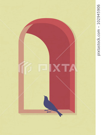 Aesthetic decoration, sitting bird in window illustration poster. Aesthetic decoration, sitting bird in window illustration poster. 102945906