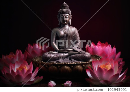 Buddha statue meditating on lotus lily flower 102945991
