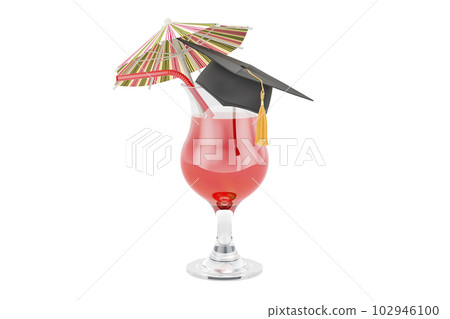 Bartender school concept. Tropical cocktail with graduation hat. 3D rendering Bartender school concept. Tropical cocktail with graduation hat. 3D rendering 102946100