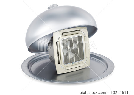 Restaurant cloche with Ceiling Cassette Unit, indoor Unit of Air Condition. 3D rendering Restaurant cloche with Ceiling Cassette Unit, indoor Unit of Air Condition. 3D rendering 102946113