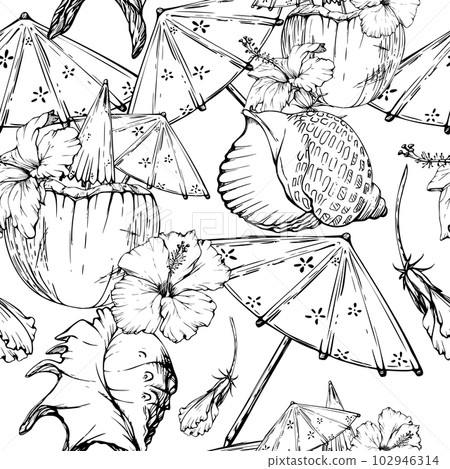 Hand drawn vector ink beach coconut cocktail with paper parasol and hibiscus. Seamless pattern. Isolated on white background. Wall art, wedding, print, fabric, cover, card, tourism, travel booklet. Hand drawn vector ink beach coconut cocktail with paper parasol and hibiscus. Seamless pattern. Isolated on white background. Wall art, wedding, print, fabric, cover, card, tourism, travel booklet. 102946314