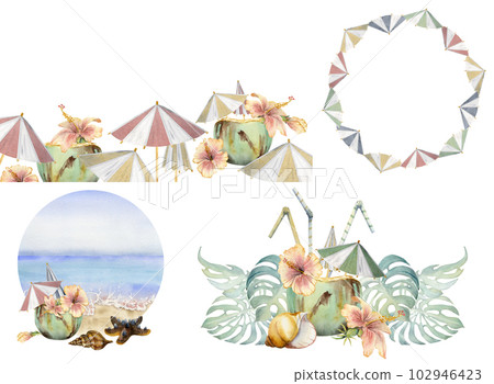 Hand drawn watercolor set of compositions. Beach accessories, sea sand umbrella shells. Isolated on white background. Design for wall art, wedding, print, fabric, cover, card, tourism, travel booklet. Hand drawn watercolor set of compositions. Beach accessories, sea sand umbrella shells. Isolated on white background. Design for wall art, wedding, print, fabric, cover, card, tourism, travel booklet. 102946423