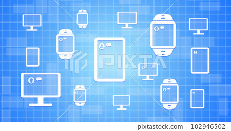 Image of ai bot conversations on screens over blue background 102946502