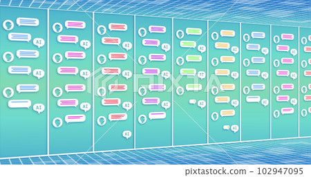 Composition of ai chat icons and speech bubbles with text on blue background 102947095