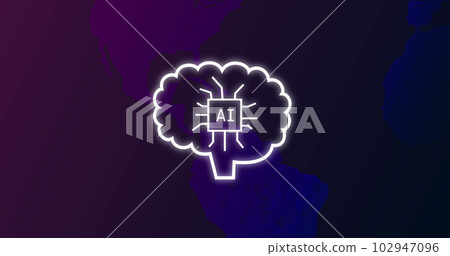 Composition of ai text and brain over world map on purple background Composition of ai text and brain over world map on purple background 102947096