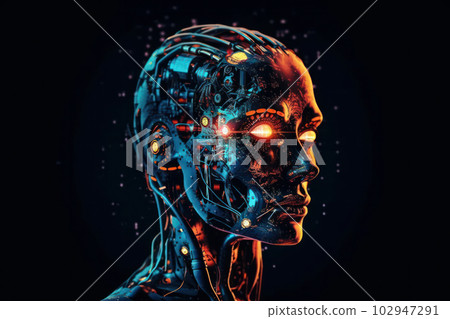 Futuristic humanoid robot with glowing eyes and digital brain, processing big data and learning. Artificial intelligence technology concept. AI Generative. 102947291